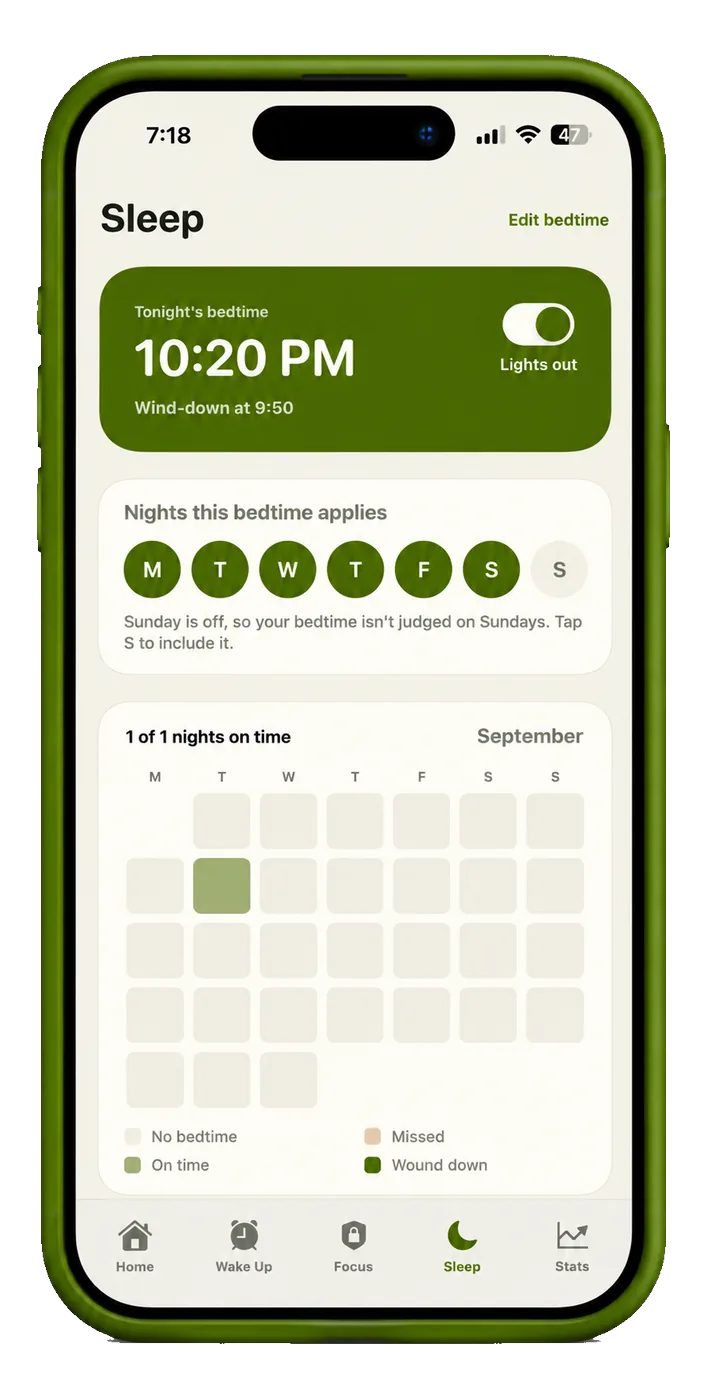 ShiftRoot’s sleep screen with tonight’s bedtime